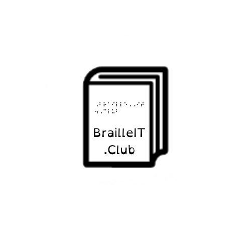 BrailleIT.Club Logo: closed book symbol with BrailleIT.Club in text and Braille on the cover.
